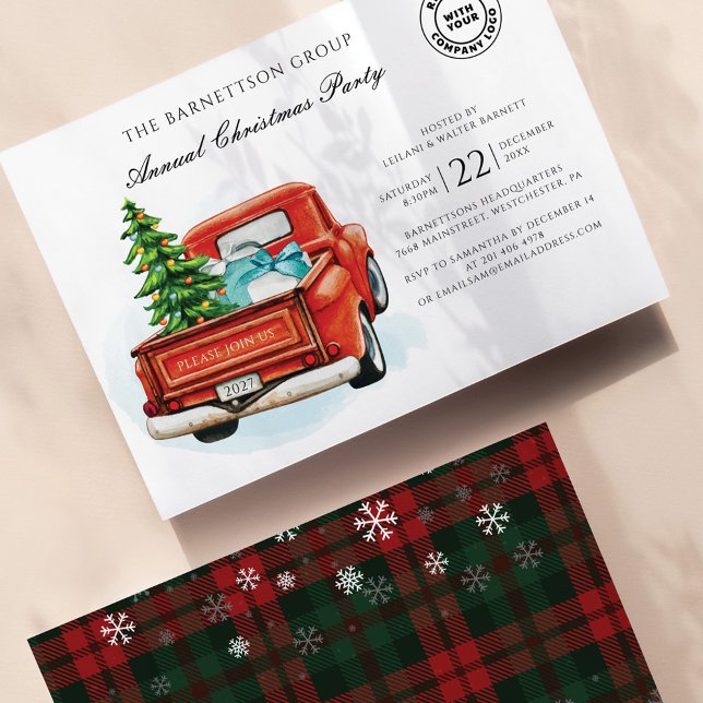 Plaid Christmas Holiday Business Logo Party Invitation (Annual Company Christmas Party Invitation featuring plaid and snowflakes )