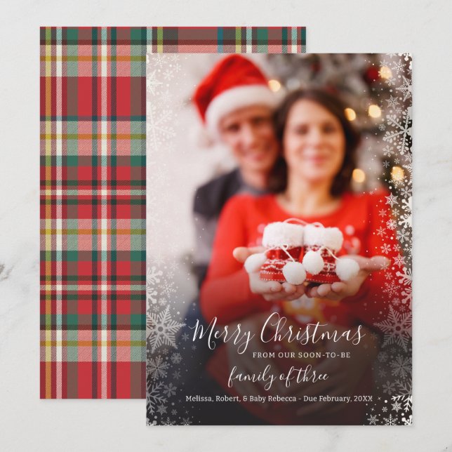 Plaid Christmas Holiday Couple Photo Pregnancy Announcement (Front/Back)