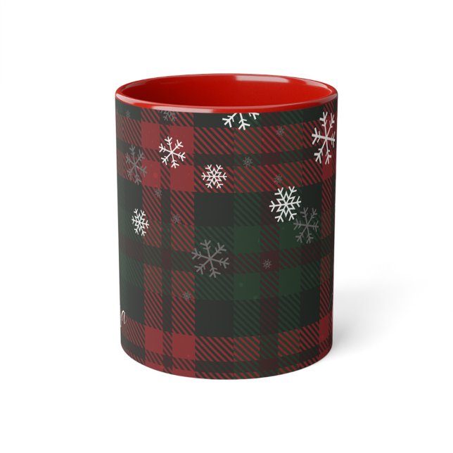 Plaid Christmas Holiday Snowflakes Personalised Two-Tone Coffee Mug (Rustic Plaid Snowflakes Christmas Holidays 11oz Coffee Mug Personalized)