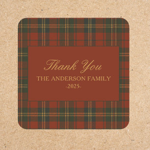 Plaid Christmas Party Classic Custom Thank You Square Sticker