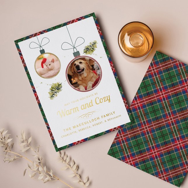 Plaid Christmas Pet Photos MacCulloch Tartan Gold Foil Holiday Card (Plaid Clan MacCulloch Pets Photos Christmas Greetings Gold Foil Card)