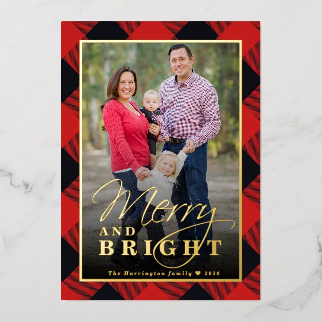 Plaid Christmas Photo Gold  Foil Holiday Card (Front)
