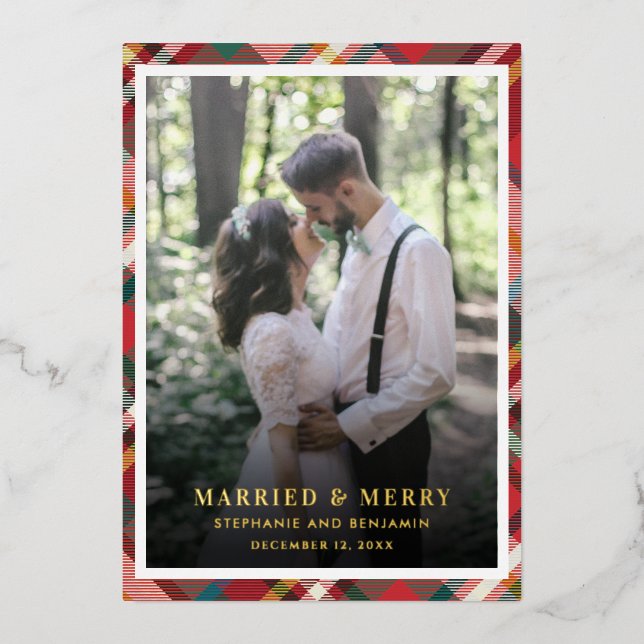 Plaid Christmas Photo Married and Merry Gold Foil Holiday Card (Front)