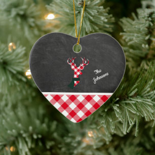 Plaid Christmas Reindeer Chalkboard Personalised Ceramic Tree Decoration