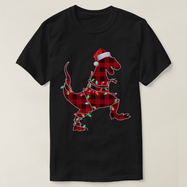 Plaid Christmas T-Rex Lights T-Shirt (Design Front)