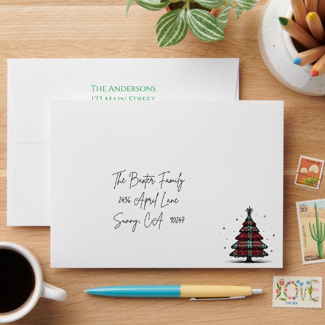 Plaid Christmas Tree Return Address  Envelope (Creator Uploaded)