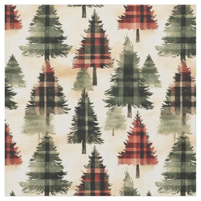 Plaid Christmas Trees on Beige Fabric (Close Up)