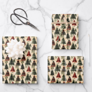 Plaid Christmas Trees on Beige Wrapping Paper Sheet