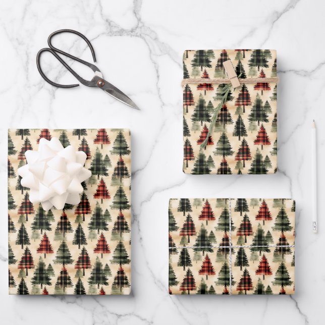Plaid Christmas Trees on Beige Wrapping Paper Sheet (Front)