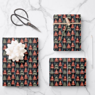 Plaid Christmas Trees on Black Wrapping Paper Sheet