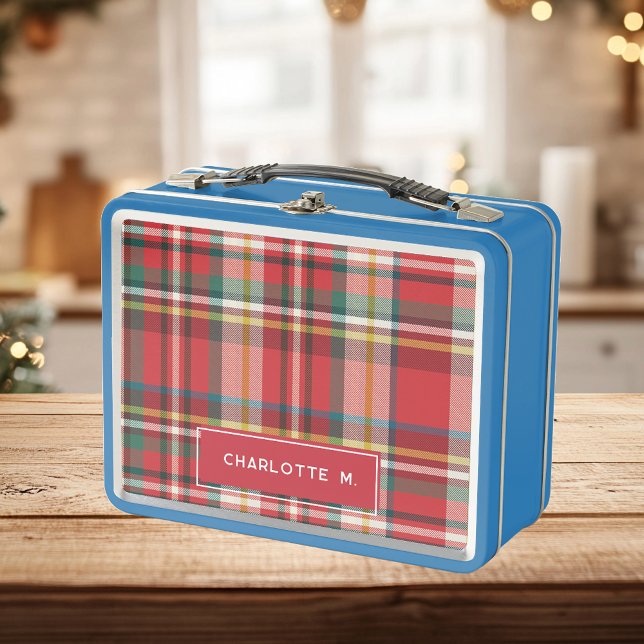 Plaid Classic Personalised Kids Name Rustic Metal Lunch Box (Red Gingham Blue Lunch Box Personalized)