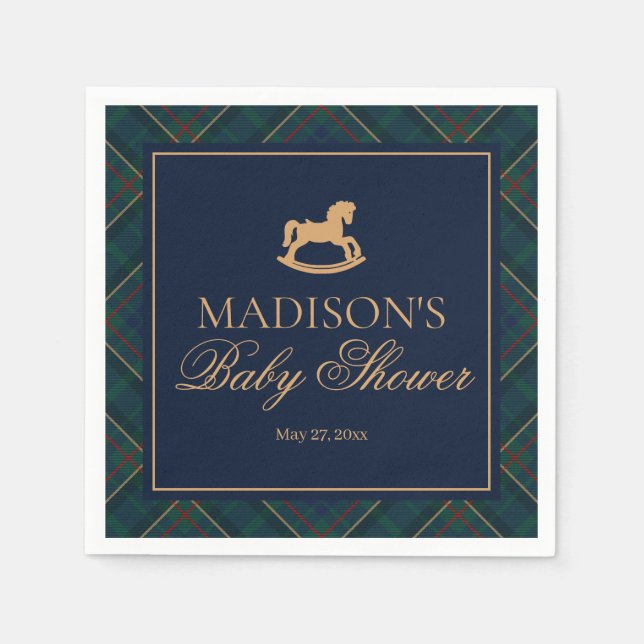 Plaid Classic Rocking Horse Baby Shower Dessert Napkin (Front)