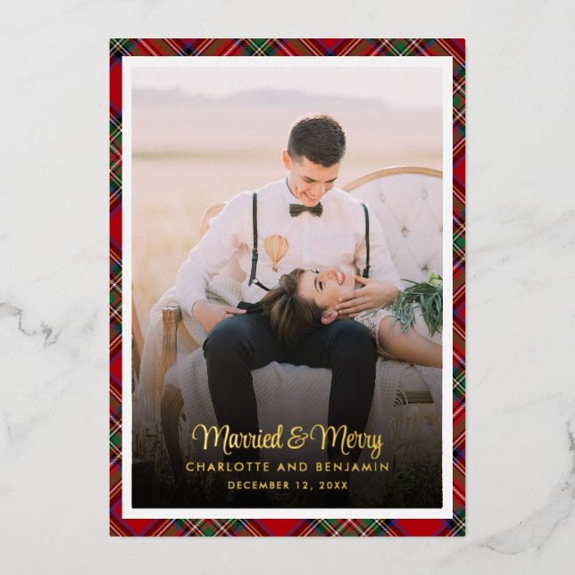 Plaid Couples Photo Tartan Christmas Gold Foil Holiday Card (Front)