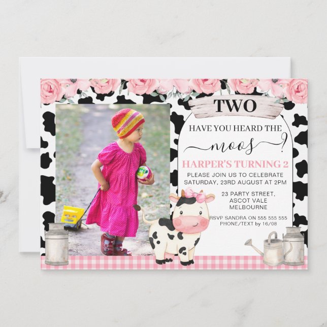 Plaid Cow Print Pink Floral Photo Arch Birthday Invitation (Front)