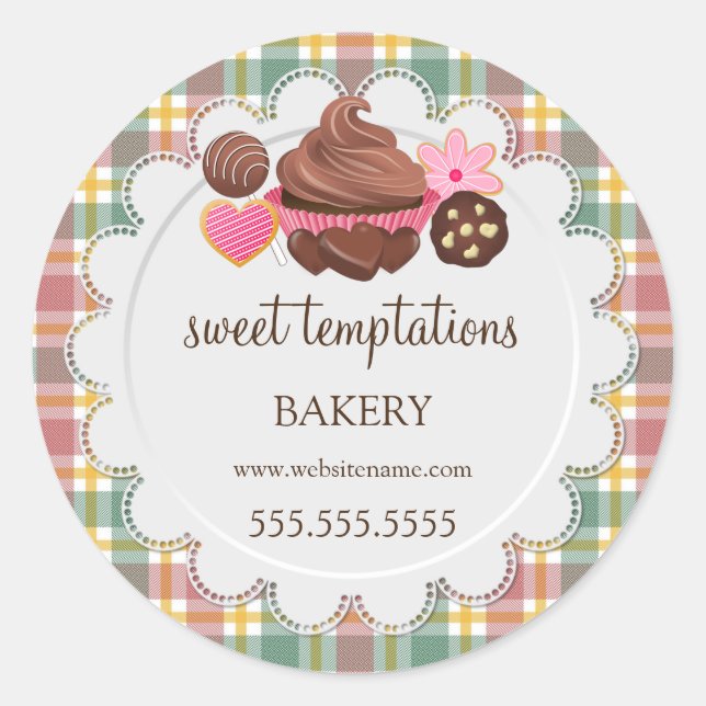 Plaid Cupcake Cake Pops Cookie Packaging Classic Round Sticker (Front)