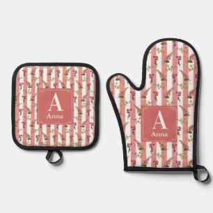 Plaid Custom Monogrammed with Wildflowers Floral Oven Mitt & Pot Holder Set
