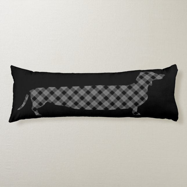 Plaid Dachshund on Black Body Cushion (Front)