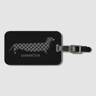 Plaid Dachshund on Black Luggage Tag