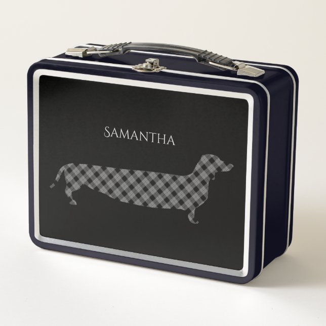 Plaid Dachshund on Black Metal Lunch Box (Front)
