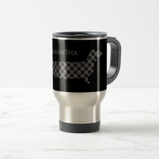 Plaid Dachshund on Black Personalised Elegant Travel Mug (Front Right)