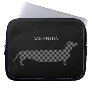 Plaid Dachshund on Black Personalised Laptop Sleeve