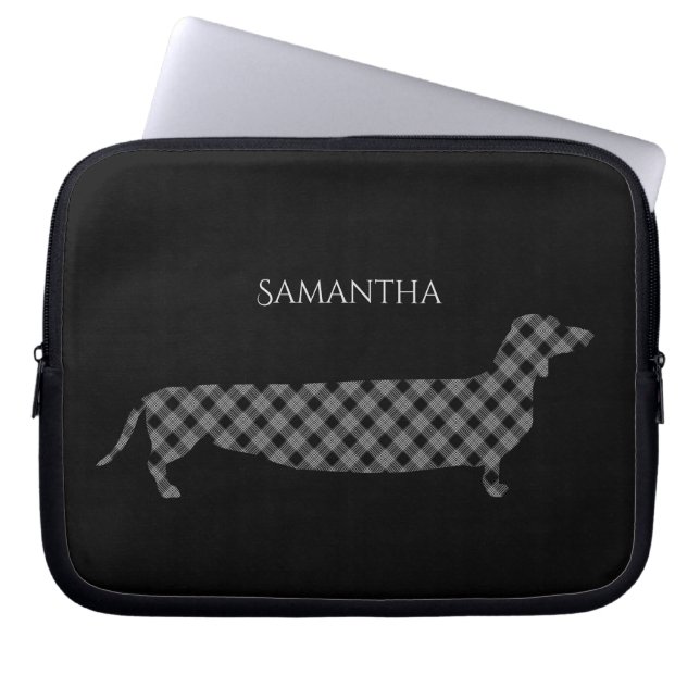 Plaid Dachshund on Black Personalised Laptop Sleeve (Front)