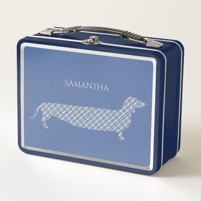 Plaid Dachshund on Blue Metal Lunch Box (Front)