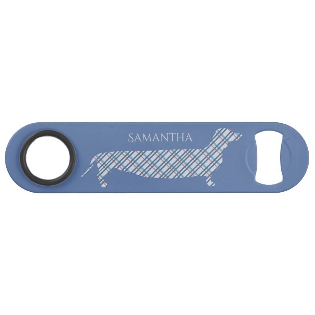 Plaid Dachshund on Blue Personalised (Front (Horizontal))