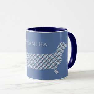 Plaid Dachshund on Blue Personalised Mug