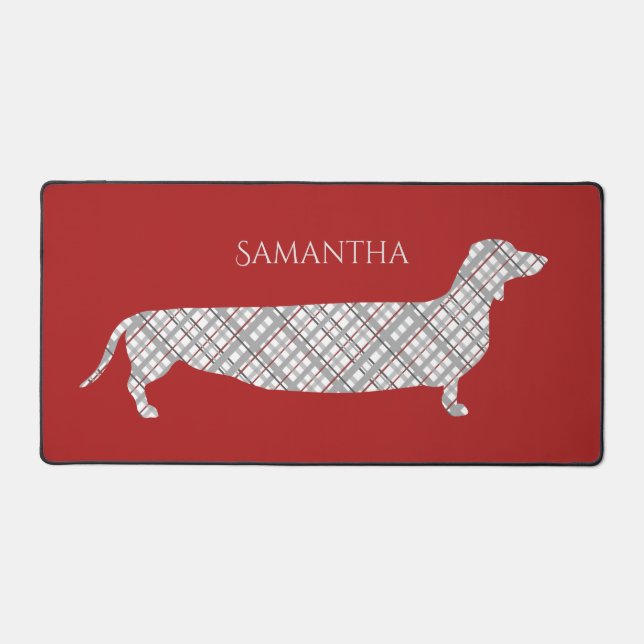 Plaid Dachshund on Red Personalised Desk Mat (Front)