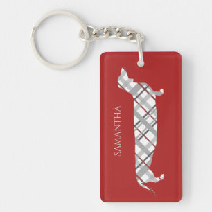 Plaid Dachshund on Red Personalised Key Ring