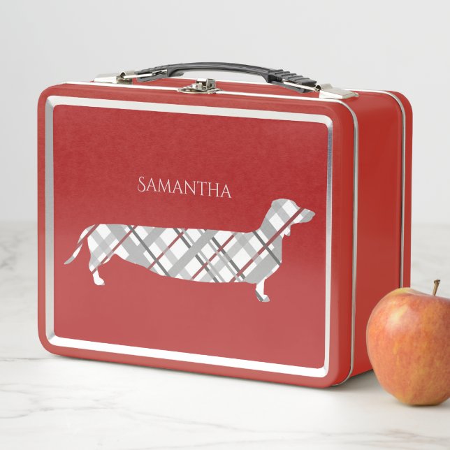 Plaid Dachshund on Red Personalised Metal Lunch Box (In Situ)