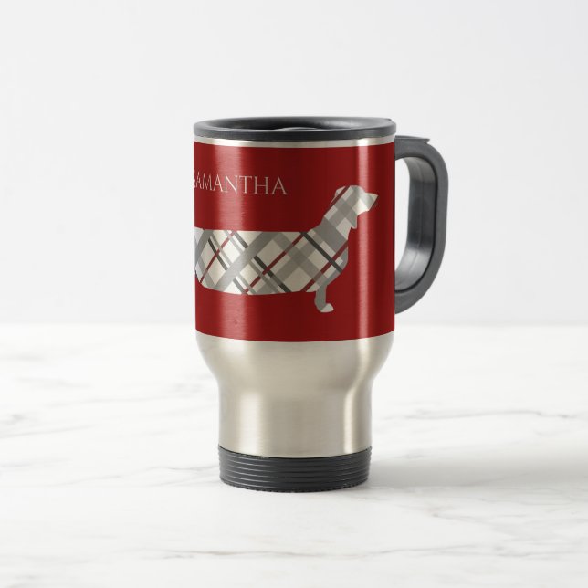 Plaid Dachshund on Red Personalised Travel Mug (Front Right)