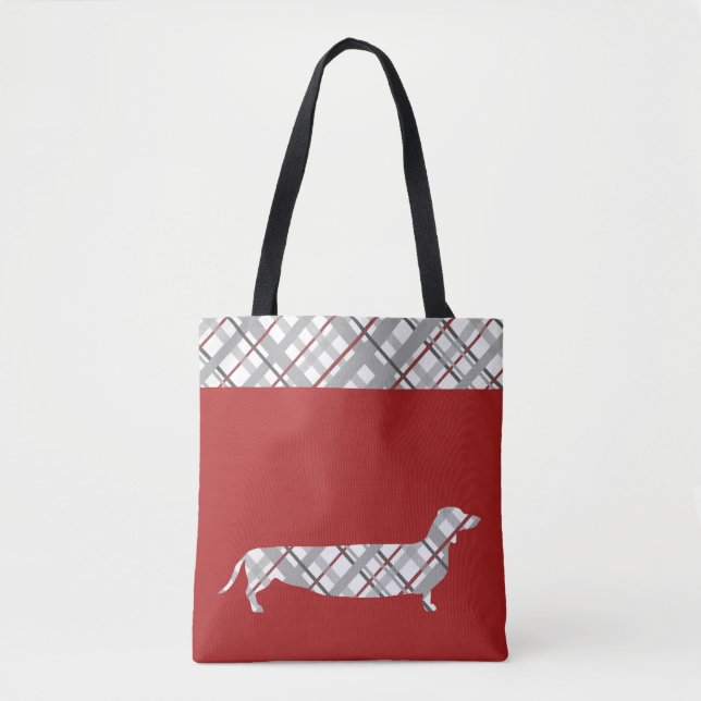 Plaid Dachshund on Red Tote Bag (Front)