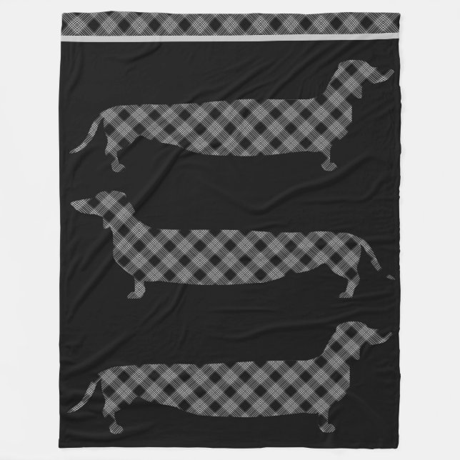 Plaid Dachshunds on Black Fleece Blanket (Front)