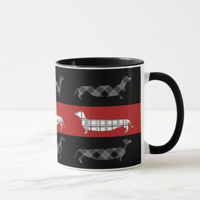Plaid Dachshunds on Red and Black Striped Mug (Right)