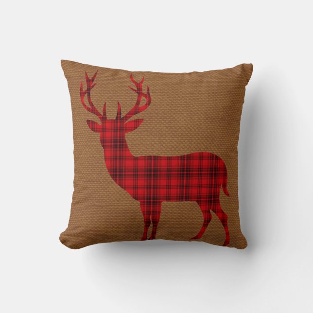 Plaid Deer Silhouette on Burlap | red tan Cushion (Front)