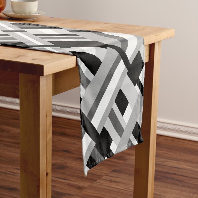 Plaid Diagonal in Black, White & Grey Short Table Runner (In Situ)