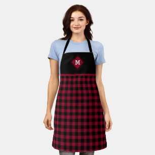 Plaid Diamond Initial Crimson Red + Black Apron