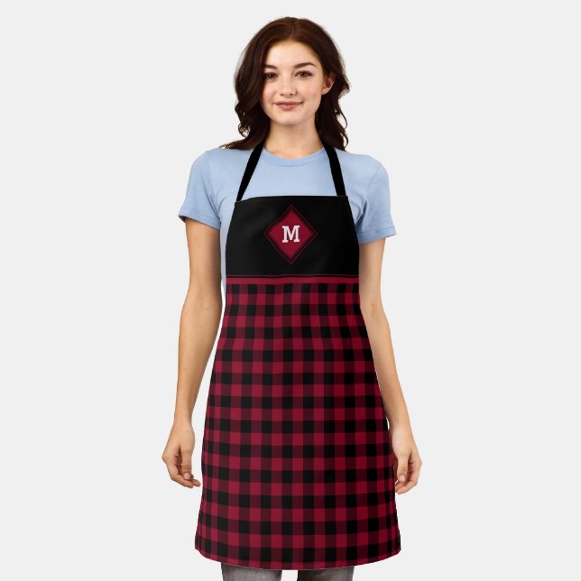 Plaid Diamond Initial Crimson Red + Black Apron (Worn)