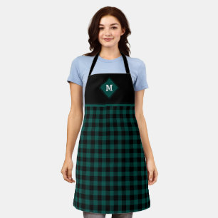 Plaid Diamond Initial Emerald Green + Black Apron