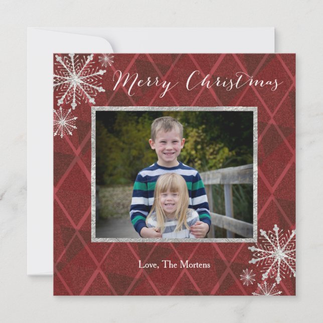 Plaid Dimond Snowflake Merry Christmas Photo Card (Front)