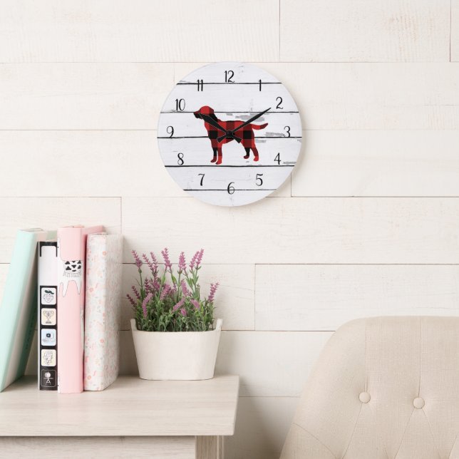 Plaid Dog Labrador Rustic Shiplap Farmhouse Decor Large Clock (Reading Room)