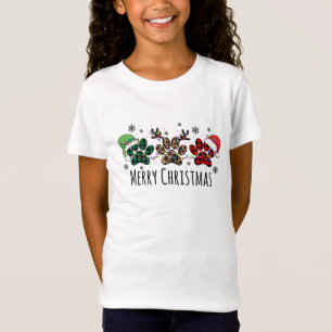 Plaid Dog Paw Prints Black Merry Christmas Text T-Shirt