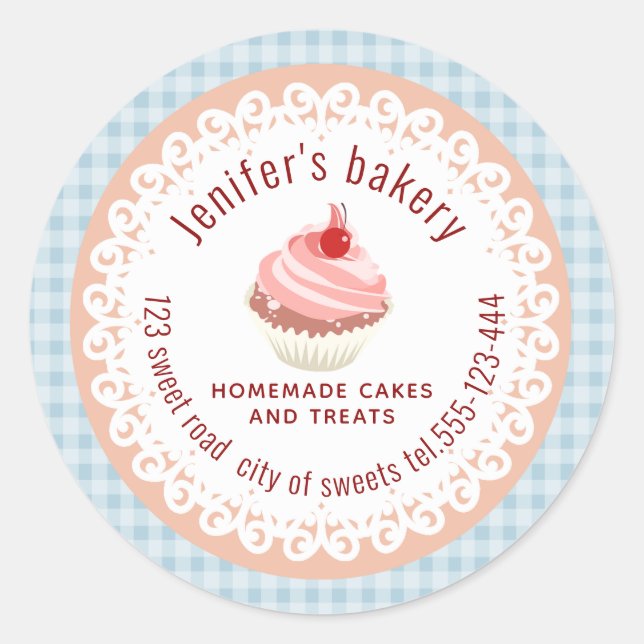 Plaid doily lace Homemade cupcakes and treats Classic Round Sticker (Front)