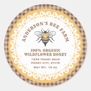 Plaid doily lace vintage bee logo honey jar classic round sticker