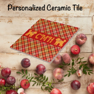 Plaid Doodle Golden Yellow Dog Personalised Tile