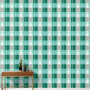 Plaid effect fresh green, teal, grey and white wallpaper