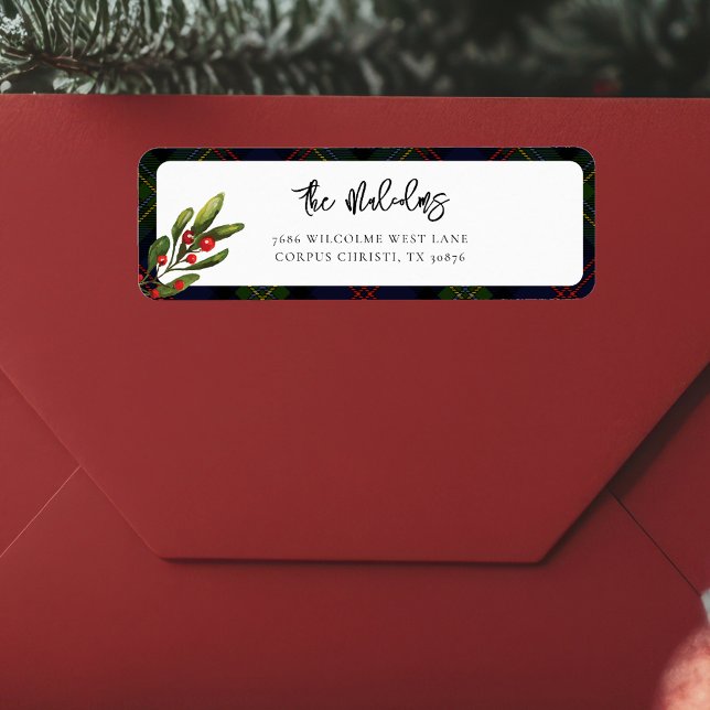 Plaid Elegant Rustic Classic Tartan Return Address (Red Berries Rustic Plaid Malcolm Tartan Return Address Label)
