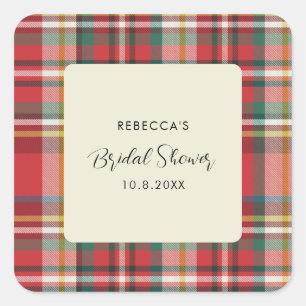 Plaid Elegant Rustic Script Bridal Shower Square Sticker